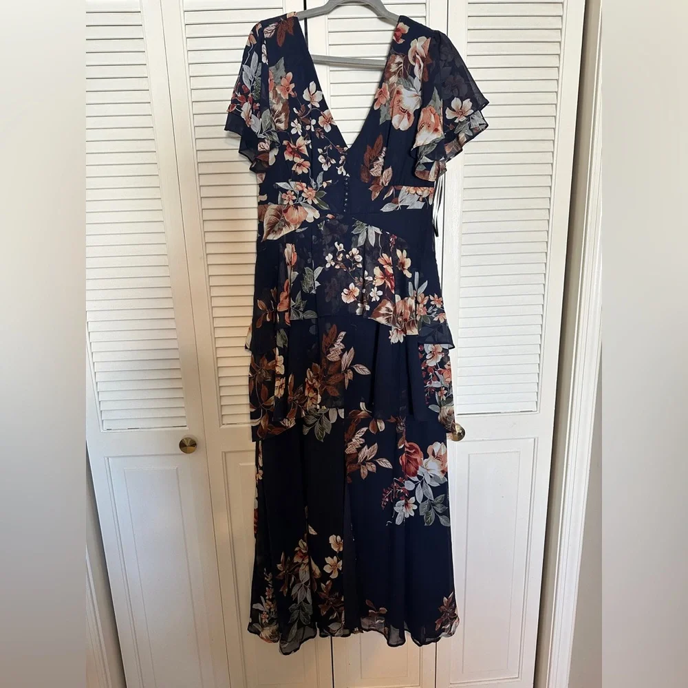 Lulus Midnight Mood Navy Blue Floral Print Tiered Maxi Dress - Size XL - Picture 2 of 3